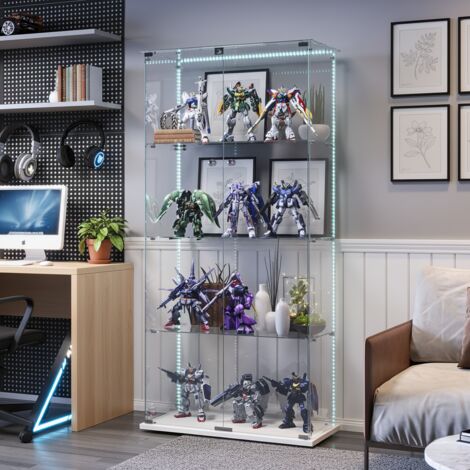 Vitrine en verre avec dispositif anti-basculement, éclairage LED multicolore, verre trempé haute définition, verrouillable, blanc