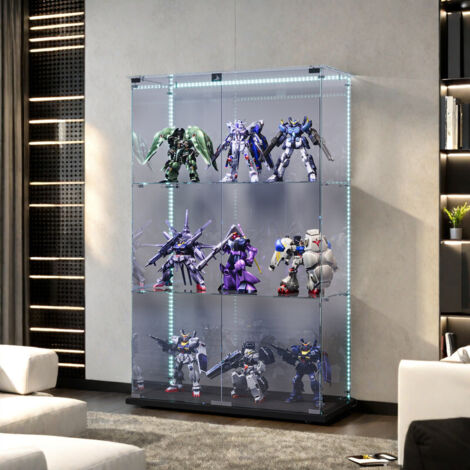Vitrine en Verre avec Éclairage LED - 2 Portes - 3 Étagères - Vitrine pour Collection - 78.5 x 35 x 123.3 cm - Verre Trempé Transparent - Noir - Salon/bureau