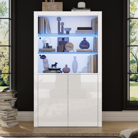 Vitrine en verre, avec éclairage LED changeant de couleur et 2 portes de rangement, aspect brillant, vitrine indépendante en verre, 100 x 35 x 170 cm, Blanc