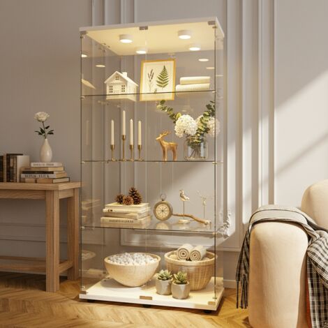 Vitrine en verre avec éclairage LED, double porte avec socle, quatre couches de verre trempé, verrouillable, style nordique, Blanc
