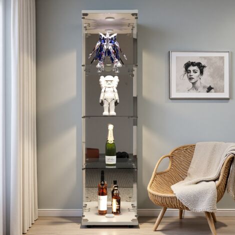Vitrine en verre avec éclairage LED, étagères à 4 niveaux, bibliothèque ancienne sur pied. convient pour salon, chambre, bureau, blanc (164x42x36cm)
