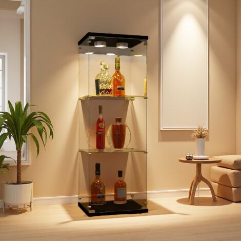 Vitrine en Verre avec LED, 3 étages,1 Porte et Serrure, 36x42x125cm Armoire de Collection,Armoire de Rangement en Verres Debout,Noir