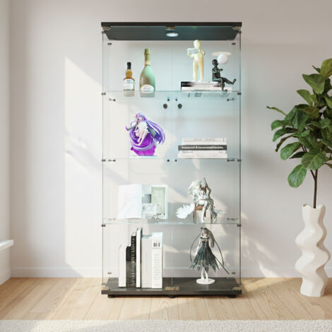 Vitrine en Verre avec LED, Armoire de Collection Moderne avec 2 Portes et Serrure, Meuble Vitrine Verre pour Collection, pour Salon, Chambre  80.5x36.5x164 cm, Noir