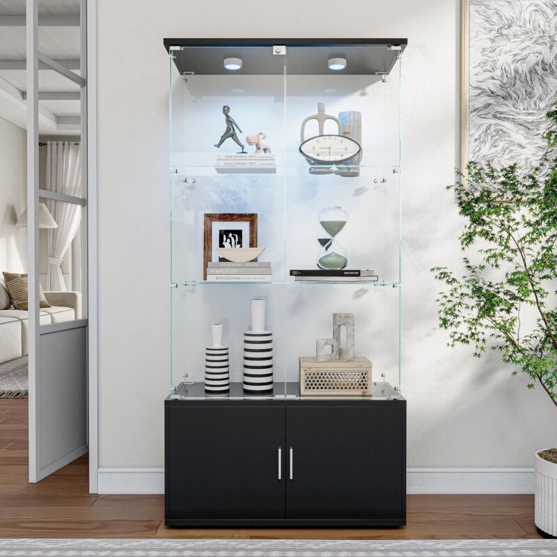 Vitrine en verre avec LED éclairage, 3 niveaux, bibliothèque de collection et grand espace de rangement. Idéale pour les collections, les salons ou Vitrine en verre avec LED éclairage, 3 niveaux, bibliothèque de collection et grand espace de rangement. Idéale pour les collections, les salons ou
