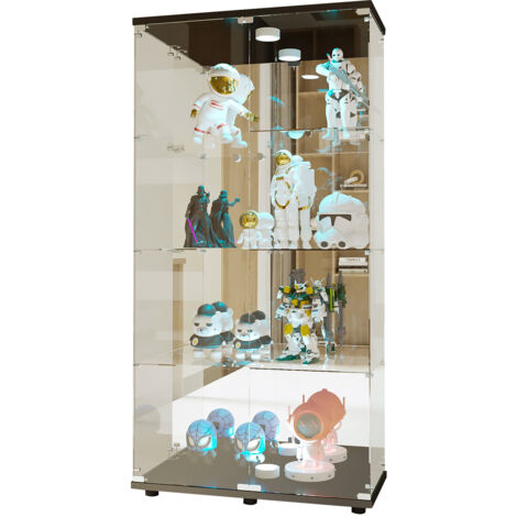 Vitrine en Verre avec LED pour Collection, Moderne Armoire Vitrée Collection Noir avec 4 Étagères et 2 Portes à Serrure,Verre Trempé Vitrine Transparent