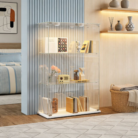 Vitrine en verre avec LED, Vitrine en verre debout, 3 couches de verre en bois, Vitrine en verre avec 2 portes et serrure, Vitrine en verre de présentation, Vitrine pour collectionneur