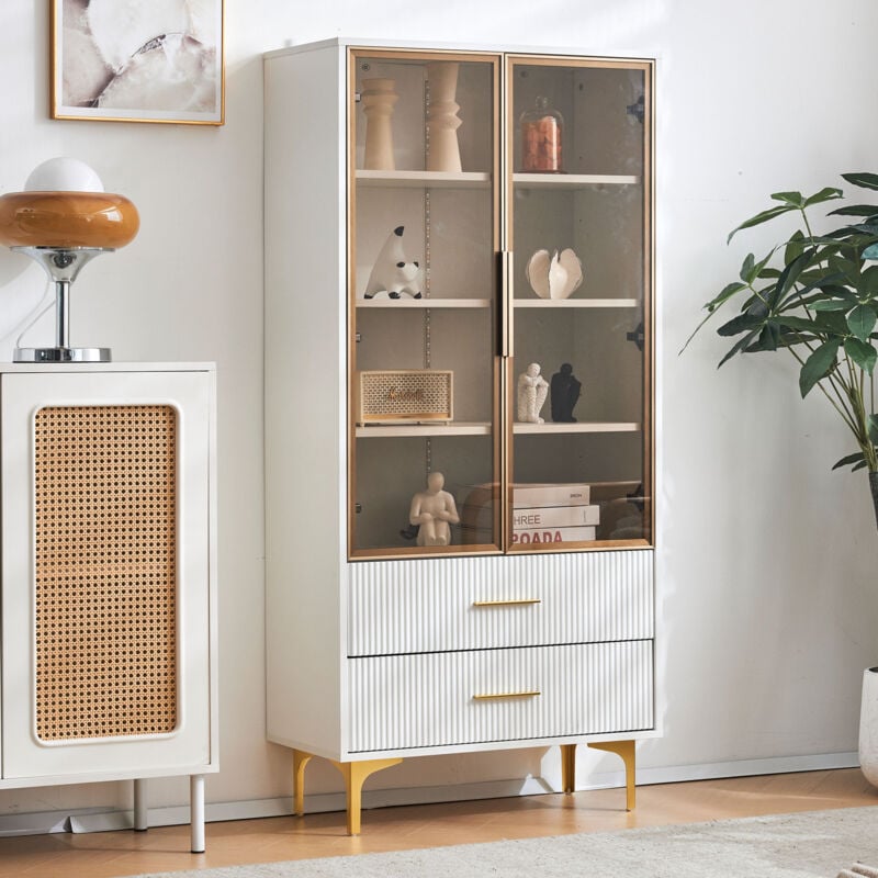 Okwish - Vitrine blanche blanche, armoire haute avec éclairage led, étagères mobiles et portes en verre, pour salon, cusine et salle de bain,