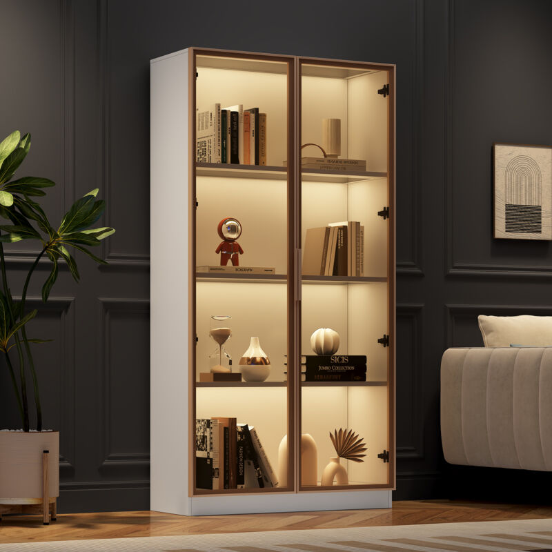 Ohjijinn - Vitrine en verre blanc avec éclairage led 16 couleurs, vitrine à double porte avec étagères mobiles, 8040160 cm, armoire haute pour salon,