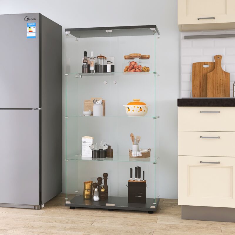 Vitrine en verre de sécurité trempé avec 2 porte, 4 étagères, cadre en bois, Serrures, clés, vitrine pour bureau, salon, cuisine - Noir