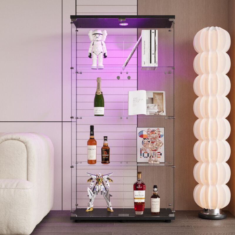 Vitrine en verre de sécurité trempé avec éclairage LED, 2 porte, 4 étagères, cadre en bois, Serrures, clés, vitrine pour bureau, salon, cuisine - Noir