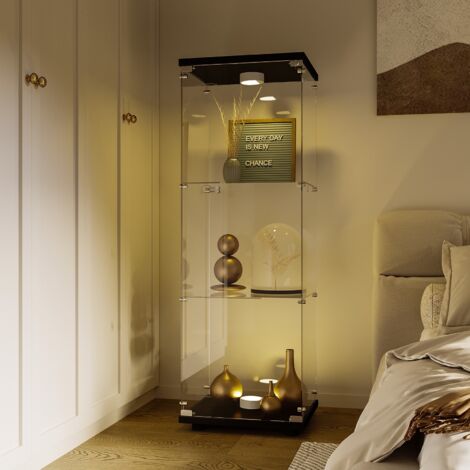 Vitrine en verre de sécurité trempé avec éclairage LED, porte, 3 étagères, cadre en bois, Serrures, clés, vitrine pour bureau, salon, cuisine - Noir