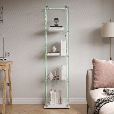 Vitrine en verre éclairée LED 40x35x163 cm, Vitrines pour collection avec porte et 4 étagères, porte simple, autoportante, pour salon, chambre, bureau - blanc