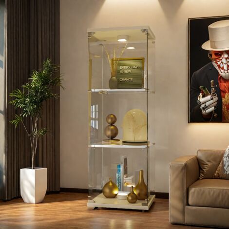 Vitrine en verre éclairée LED 42x36x125 cm, avec porte et 3 étagères, porte simple, autoportante, pour salon, chambre, bureau - Blanc