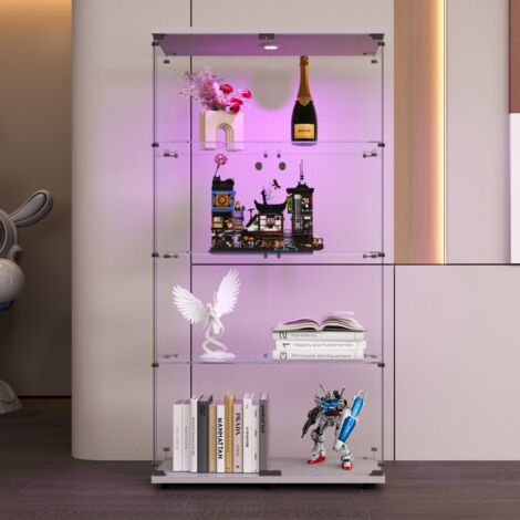 DANS LES NUAGES Vitrine en verre éclairée par LED 164x80 x36 cm,avec portes et 4 étagères, portes doubles, sur pied, pour salon, chambre à coucher, bureau - Blanc