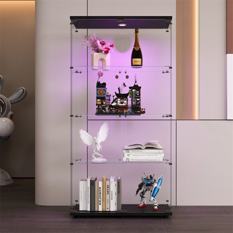 Fortuna Lai - Vitrine en verre led 4 étagères, 80.49x36.49x163.9cm, étagère en verre avec 2 portes à chqaue étagère, virtine sur pied, noir