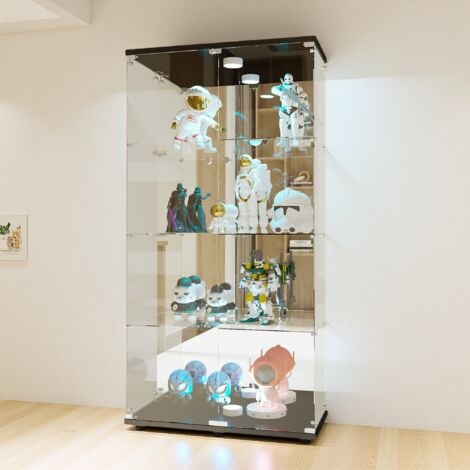 Vitrine en verre LED 4 étagères, 80x36x163cm, étagère en verre avec 2 portes, virtine sur pied - Noir