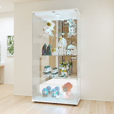FORTUNA LAI Vitrine en verre LED 4 étagères, 80.49x36.49x163.9cm, étagère en verre avec 2 portes, virtine sur pied, blanc