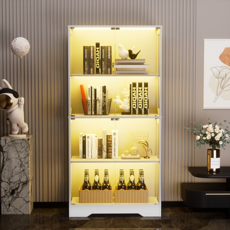 Vitrine en verre pour collection avec LED et capteurs intelligents, 4 étages, portes en verre, vaisselier design moderne pour salon, chambre et