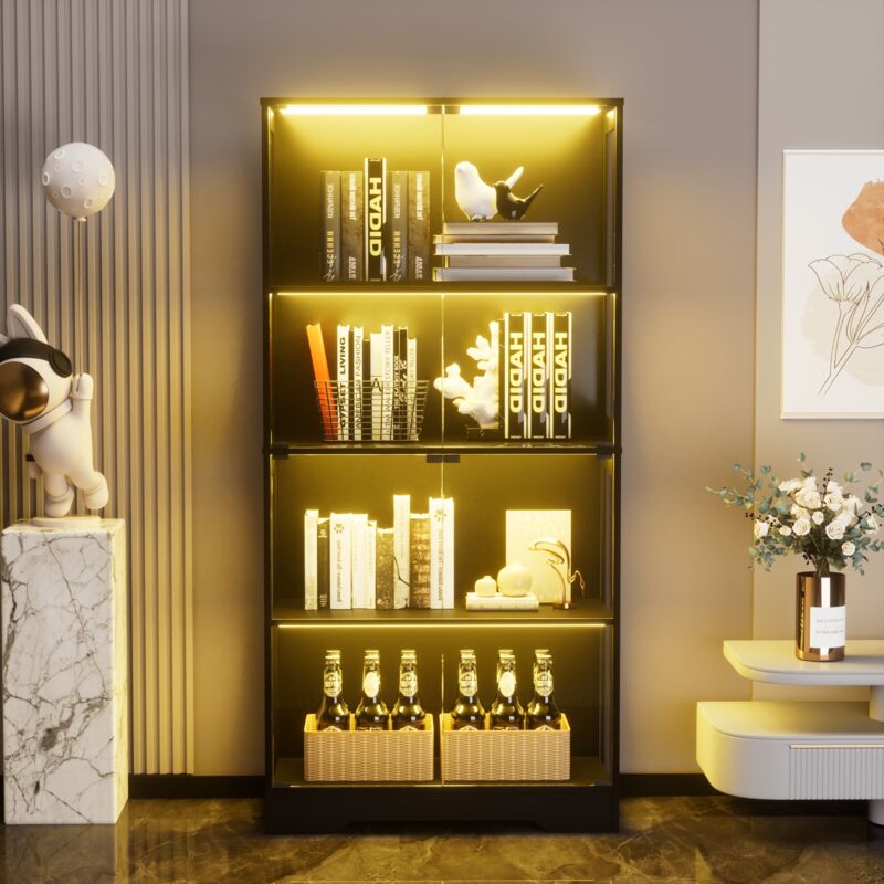 Vitrine en verre pour collection avec LED et capteurs intelligents, 4 étages, portes en verre, vaisselier design moderne pour salon, chambre et