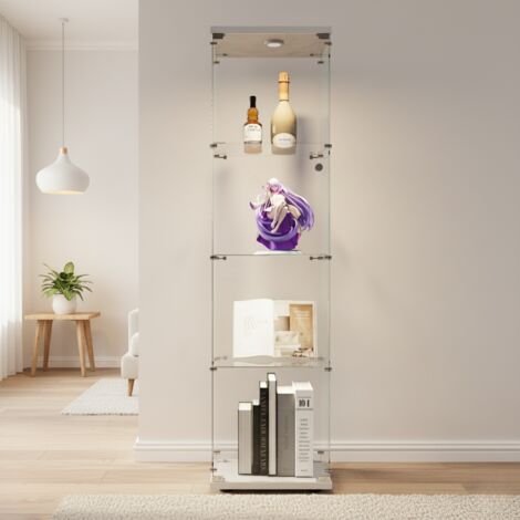 Vitrine en verre, quatre étagères en verre, porte simple avec éclairage et serrure, meuble de rangement - Vitrine à vin - autoportant - base blanche
