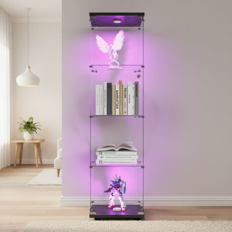 Vitrine en verre, quatre étagères en verre, porte simple avec éclairage et serrure, meuble de rangement - Vitrine à vin - autoportant - Base noire