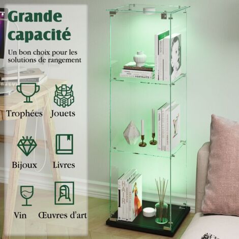 Vitrine en Verre - TANANT - Modèle avec Lumières LED - 3 étagères - Verre Trempé - Noir 39.8x35x123cm