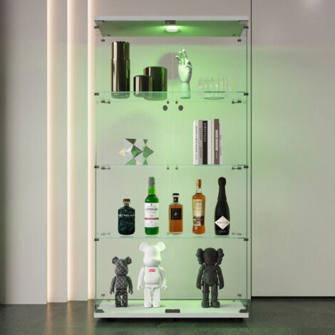 Vitrine en Verre Trempé 4 Étagères et 2portes avec Éclairage LED Réglable, 164x80.5x36.5cm, Vitrine Armoire de Collection à Serrure, Vitrine Sur Pied Transparente, Blanc