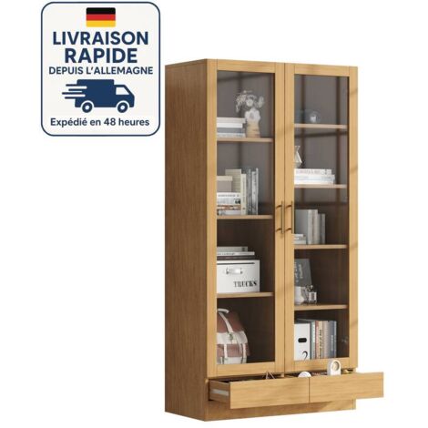 Vitrine en verre trempé - 80 x 40 x 160 cm - Bois Certifié PEFC - Étagères non réglables - Tiroir à ouverture par pression sans poignée - Bois naturel
