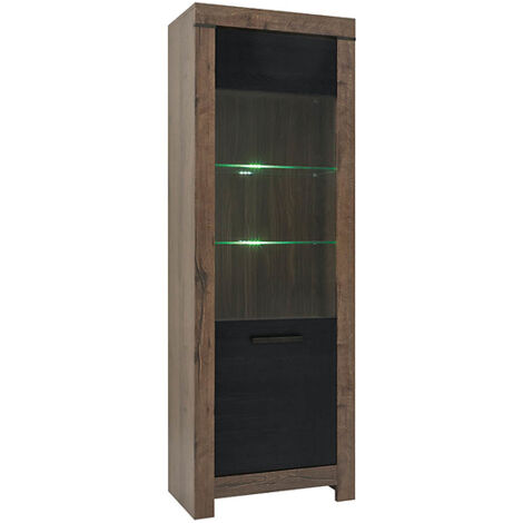 Vitrine en verre trempé à 1 porte avec éclairage LED, coloris Chêne marron foncé/Chêne noir - Longueur 68 x Profondeur 39,5 x Hauteur 196,5 cm