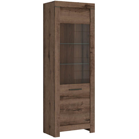 Vitrine en verre trempé à 1 porte avec éclairage LED, coloris Chêne marron foncé- Longueur 68 x Profondeur 39,5 x Hauteur 196,5 cm