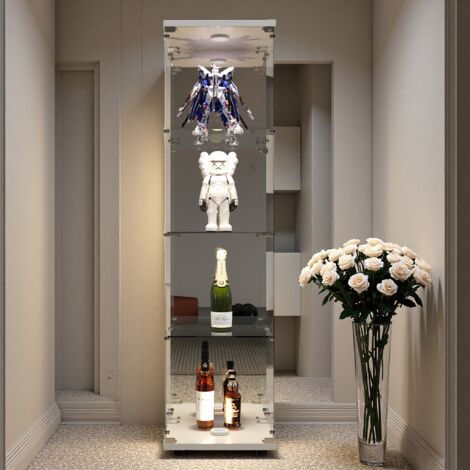 Vitrine en verre trempé à quatre couches, hauteur 164 cm, vitrine pour collection avec éclairage LED, base en bois, serrure de sécurité, miroir - Blanc