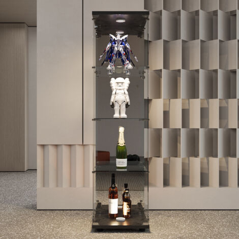 Vitrine en verre trempé à quatre couches, hauteur 164 cm, vitrine pour collection avec éclairage LED, base en bois, serrure de sécurité, miroir - Noir
