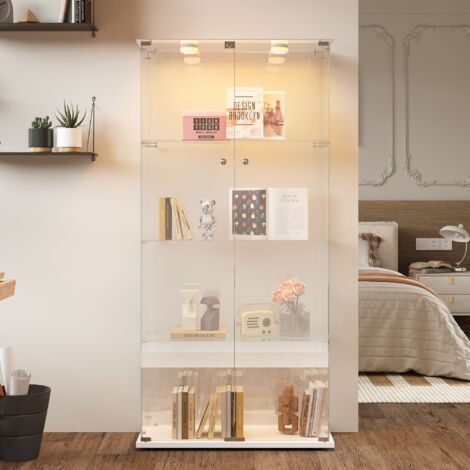 Vitrine en verre trempé pour collection, vitrine avec 2 portes coulissantes, serrure et poignée métallique, meuble de rangement - hauteur 163 cm, 4 étagères, lumière tactile, blanc