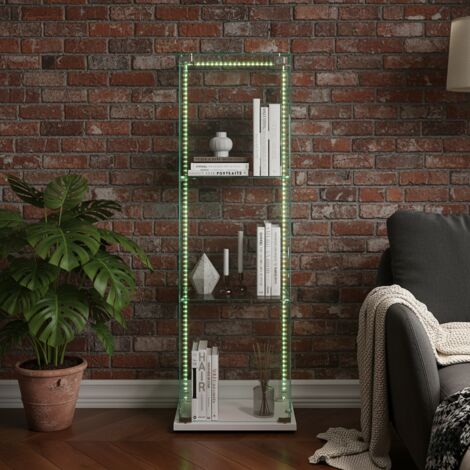 Vitrine en verre - Trois étagères - Verre haute définition - Dispositif anti-basculement - Bande lumineuse LED et serrure - Socle en bois - Blanc