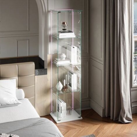 Vitrine en verre, Vitrine armoire, Vitrine de salon avec lumière LED, 1 porte 4 étagères, Armoire de collection, Moderne, Blanc