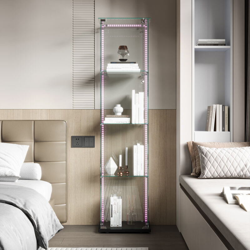 Vitrine en verre, vitrine autoportante avec éclairage led et 4 compartiments de rangement, base en métal, vitrine de collection, 35x39x163 cm, Noir