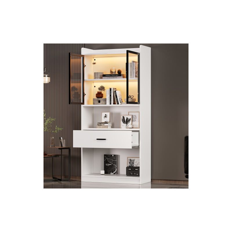 Wishdor - Vitrine collection, vitrine salon avec lumière, étagères de rangement avec portes en verre escamotables, 1 grand tiroir