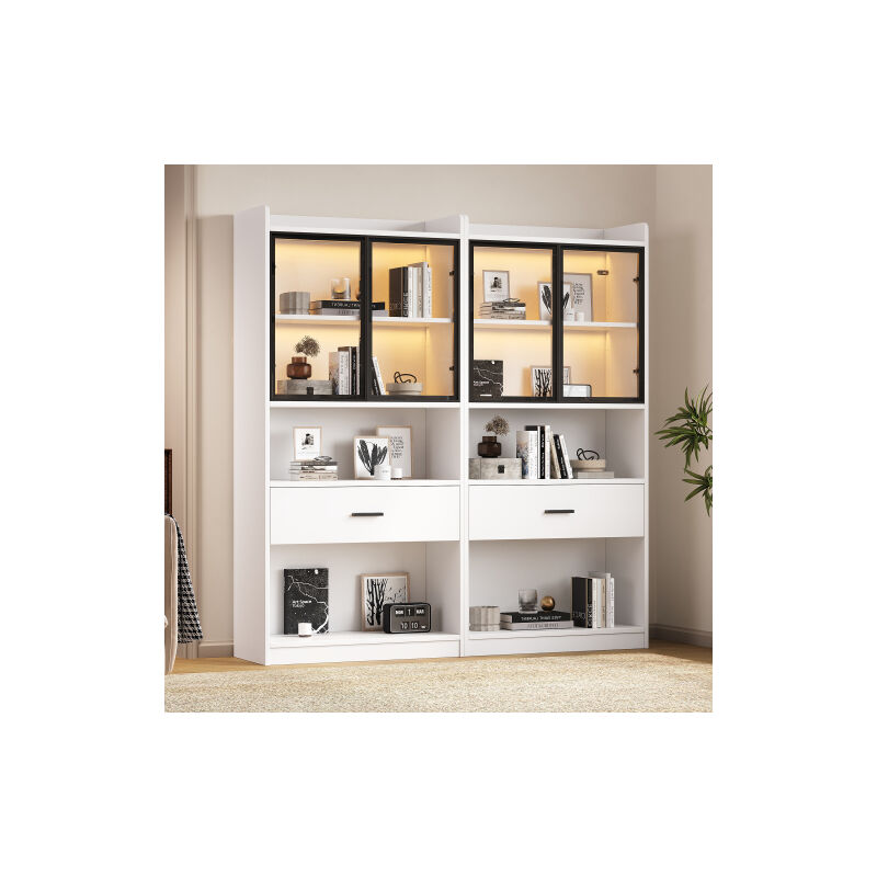 Wishdor - Lot de 2 vitrine collection, vitrine salon avec lumière, étagères de rangement avec portes en verre escamotables, 1 grand tiroir
