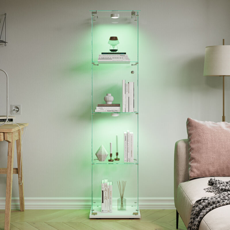 Tanant - Vitrine en verre, vitrine indépendante avec éclairage led et 4 compartiments de rangement, base en métal, vitrine de collection, design,