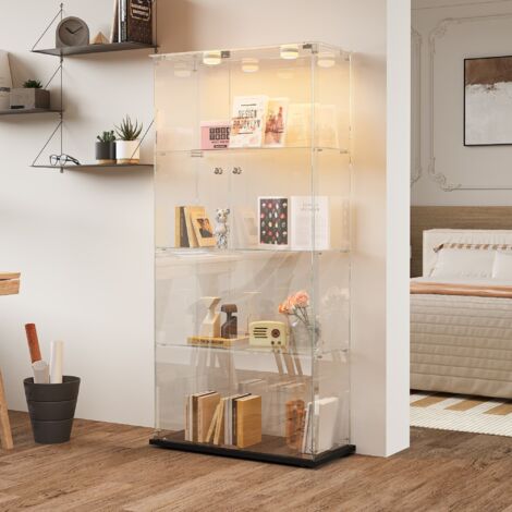 Vitrine en verre,4 étagères,2 portes,bande lumineuse LED,Verre Trempé,Vitrine de collection,adaptée au salon, chambre, bureau, Noir