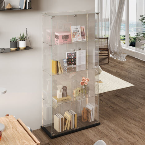 Vitrine en verre,vitrine,vitrine pour collection,avec quatre cloisons vitrées, huit portes, bande lumineuse, 78,5x35x163 cm,Noir