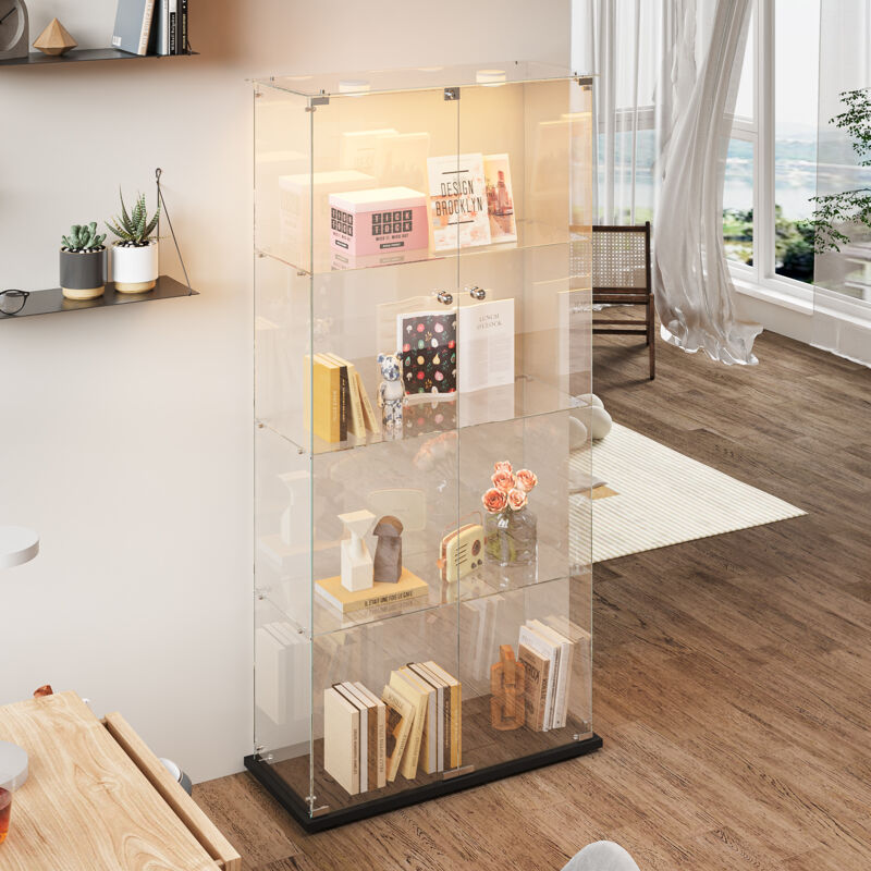 Pergar - Vitrine en verre,vitrine,vitrine pour collection,avec quatre cloisons vitrées, huit portes, lampe, 78,5x35x163 cm,Noir