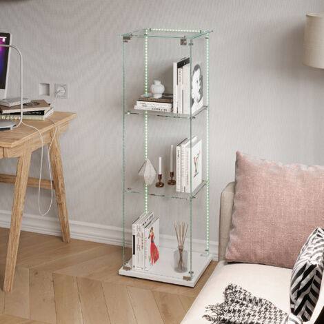 Vitrine en verre,vitrine,vitrine pour collection,avec trois cloisons vitrées, trois portes, bande lumineuse,39 x 35 x 123,3 cm,Blanc