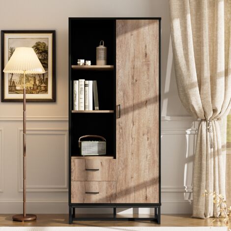 Vitrine haute 180 cm, vitrine indépendante, aspect bois, avec 2 tiroirs et 3 compartiments, rangement, convient pour salon, chambre, couloir - Noir
