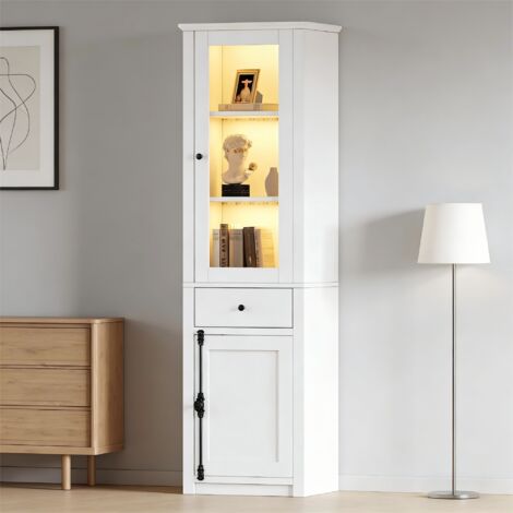 Vitrine haute 55x40x200 cm avec LED USB, 2 portes dont 1 en verre, 1 tiroir, panneaux de particules blanc