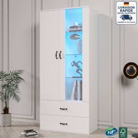 Vitrine haute 59,9 x 35 x 182 cm avec 2 portes, 2 tiroirs, étagères en verre, LED, buffet, pour salon/bureau, aggloméré, blanc