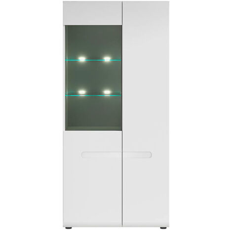 Vitrine haute à 2 portes avec éclairage LED, coloris Blanc/Blanc haute brillance - Longueur 90 x Profondeur 41 x Hauteur 193 cm