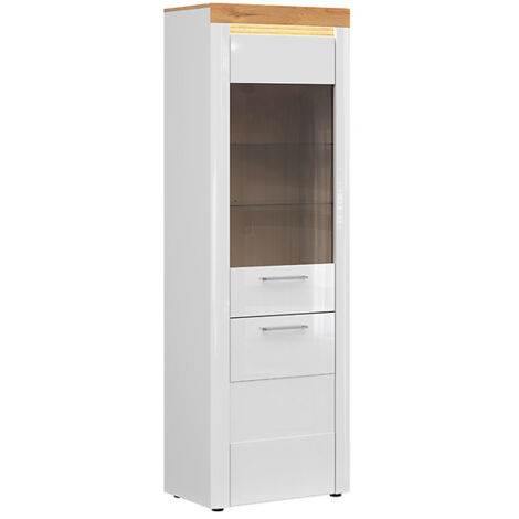 Vitrine haute à 2 portes avec éclairage LED,coloris Blanc/Blanc haute brillance - Longueur 90 x Profondeur 41 x Hauteur 145 cm