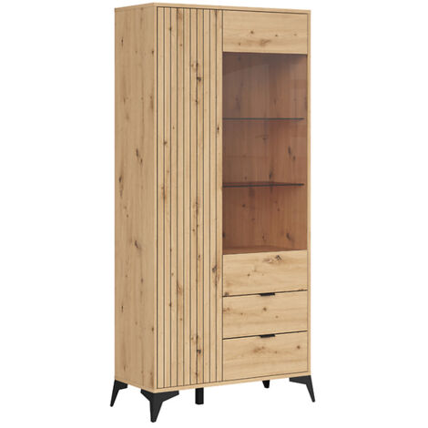 Vitrine haute avec 2 portes et 2 tiroirs,coloris Chêne artisan - Longueur 90 x Profondeur 41 x Hauteur 197 cm