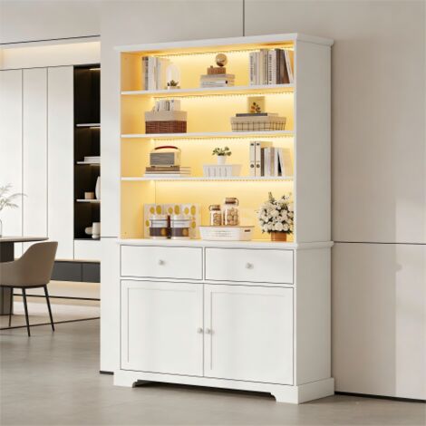 Vitrine haute blanche, vitrine de salon avec led, 2 portes et 2 tiroirs, 100 x 38 x 170 cm